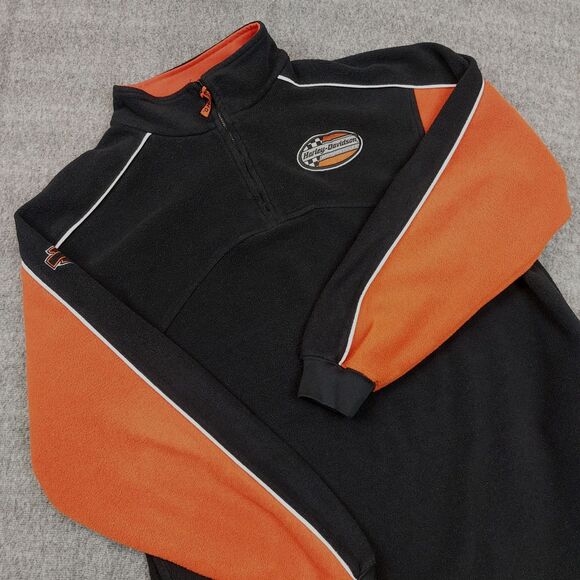Harley Davidson Men's L 1/4 Zip Fleece Pullover Black Sweatshirt Embroidered - Picture 1 of 9